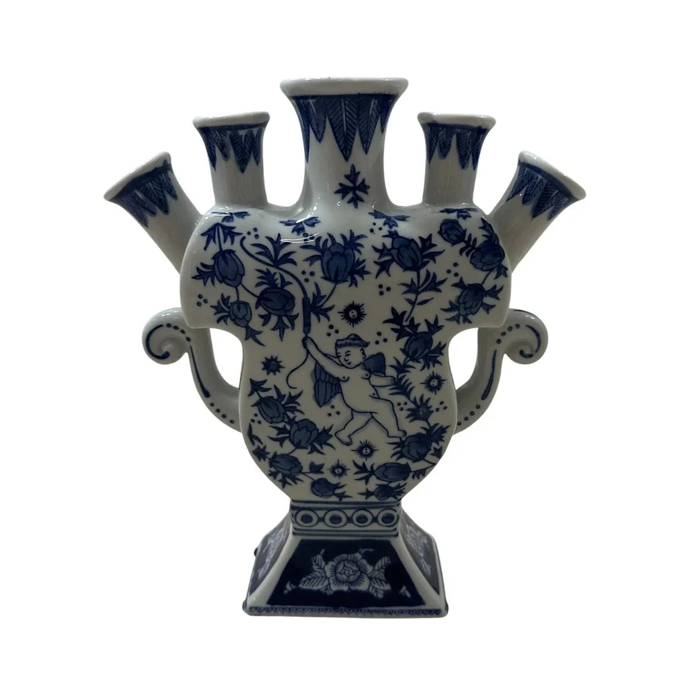 Blue White Ceramic Tulipiere Vase Cherub Floral 5 Spout Chinoiserie 9.5in